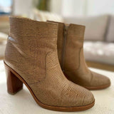 Light Brown Textured Leather Side Zip Block Heel Booties - Size 38