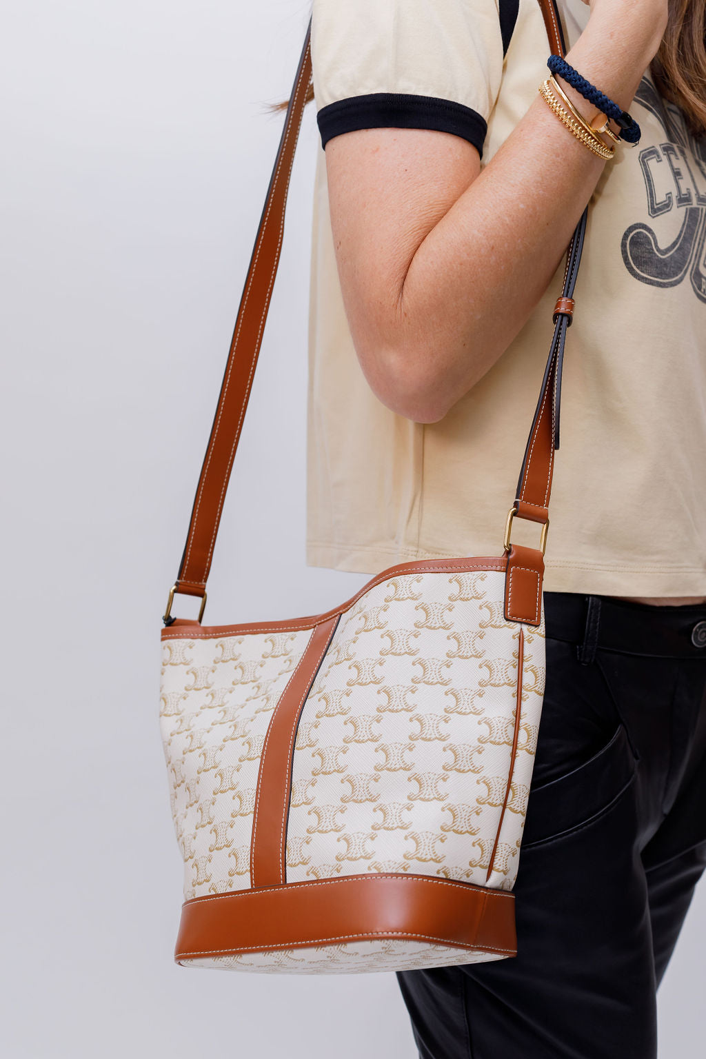 White Small Bucket TRIOMPHE Canvas and Calfskin Tan Bag CELINE