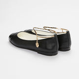 Black Leather Ballerinas with Chain Ankle Strap / CHANEL - Size 37
