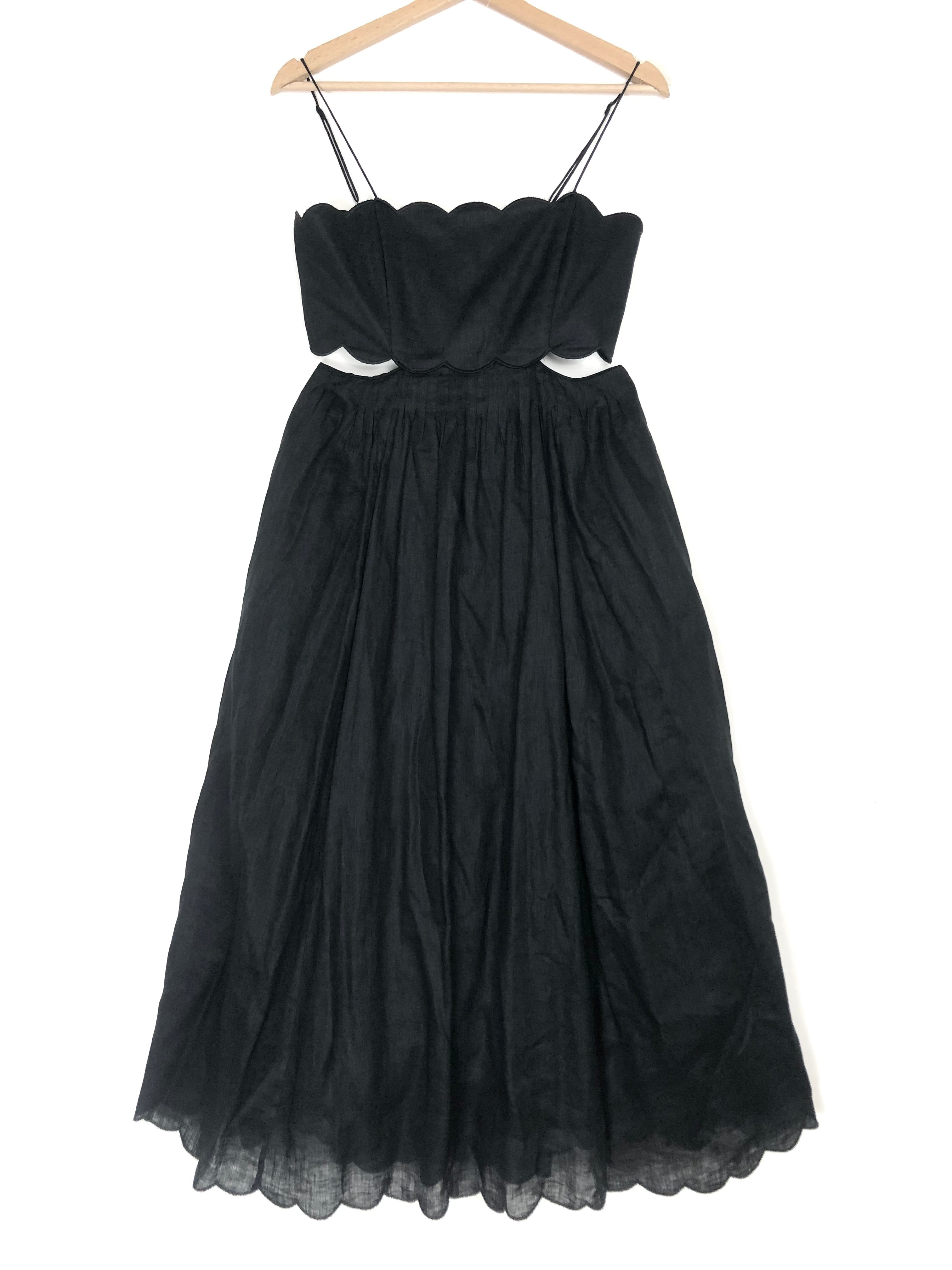 Black RHIANNON Scallop Linen Midi Dress / ZIMMERMANN