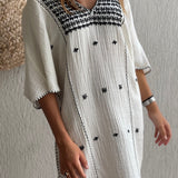 Off-white Embroidered Cotton-Voile Kaftan - model LUNA / ANAAK