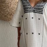 Off-white Embroidered Cotton-Voile Kaftan - model LUNA / ANAAK