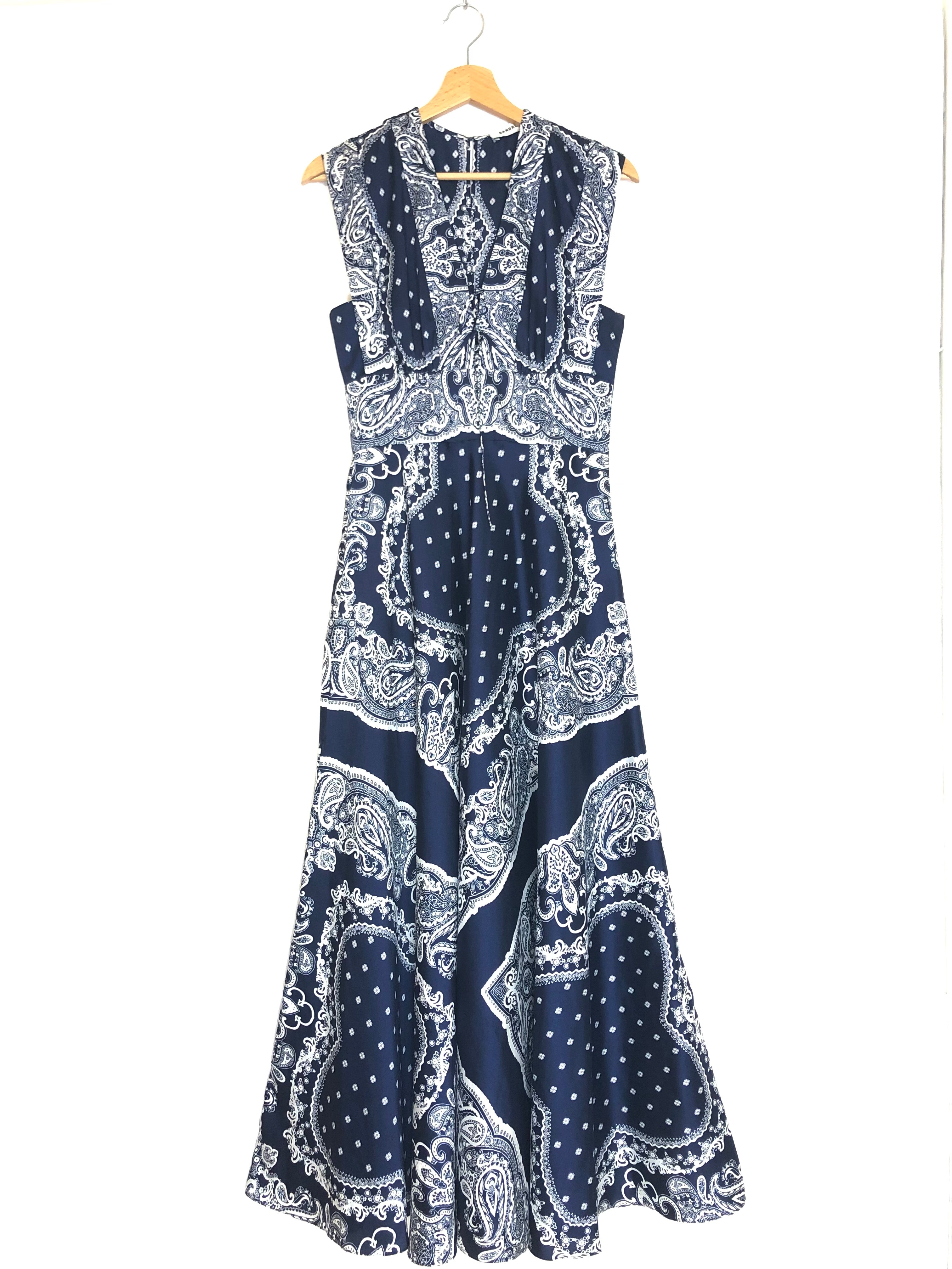 Navy Blue Paisley Print Satin Twill Midi Dress / SANDRO Navy Blue Paisley Print Satin Twill Midi Dress / SANDRO