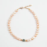Pink and Champagne Iridescent Freshwater Pearls Necklace with Faceted Emerald Stone - model WITNEY / SHIREL BELLAICHE