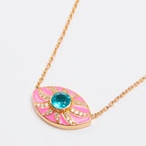 Pink Enamel with Blue Harlequin Opal Center Stone Necklace - model AINARA / SHIREL BELLAICHE