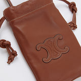 Tan Drawstring Leather Triomphe Phone Pouch / CELINE