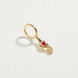 14kt Yellow Gold Heart in Hand Ruby Huggie Earring / PAMELA LOVE