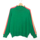 Green Knitted Pullover with Rainbow Stripes Sleeves / SENS UNIQ