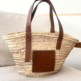 Natural/Tan Palm Leaf and Calfskin Leather-trim Medium Basket Bag