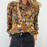 Brown Floral Blouse with Ruffled Neck / SUZIE WINKLE - Size 36