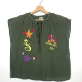 Khaki Green Cotton Embroidered Sleeveless Top - One Size