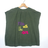 Khaki Green Cotton Embroidered Sleeveless Top - One Size