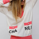 Ecru/Pink Ribbed V-neck 1986-1988 Logo Cashmere Cardigan / CHANEL - Size 38