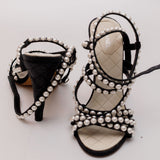 Black/White Faux Pearl Embellished Strappy Sandals / CHANEL - Size 38.5