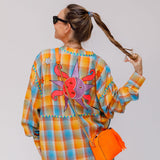 Orange and Blue Sun &amp; Moon Symbols Embroidered Shirt - model FAITH CAIRO / MONOKI - One Size