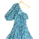 Aqua Blue Lotus Print One Shoulder Short Sleeves Mini Dress / RHODE - Size S