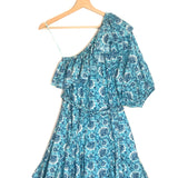 Aqua Blue Lotus Print One Shoulder Short Sleeves Mini Dress / RHODE - Size S