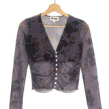 Aubergine Printed Mesh Buttoned Long Sleeves Top / ROUJE - Size 34