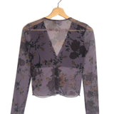 Aubergine Printed Mesh Buttoned Long Sleeves Top / ROUJE - Size 34