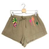 Beige Embroidered Cotton Mini Shorts - One Size