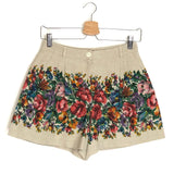 Beige Floral Print Linen Mini Shorts / DOLCE & GABBANA - Size 36