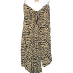 Tiger print midi skirt on a hanger against a white background