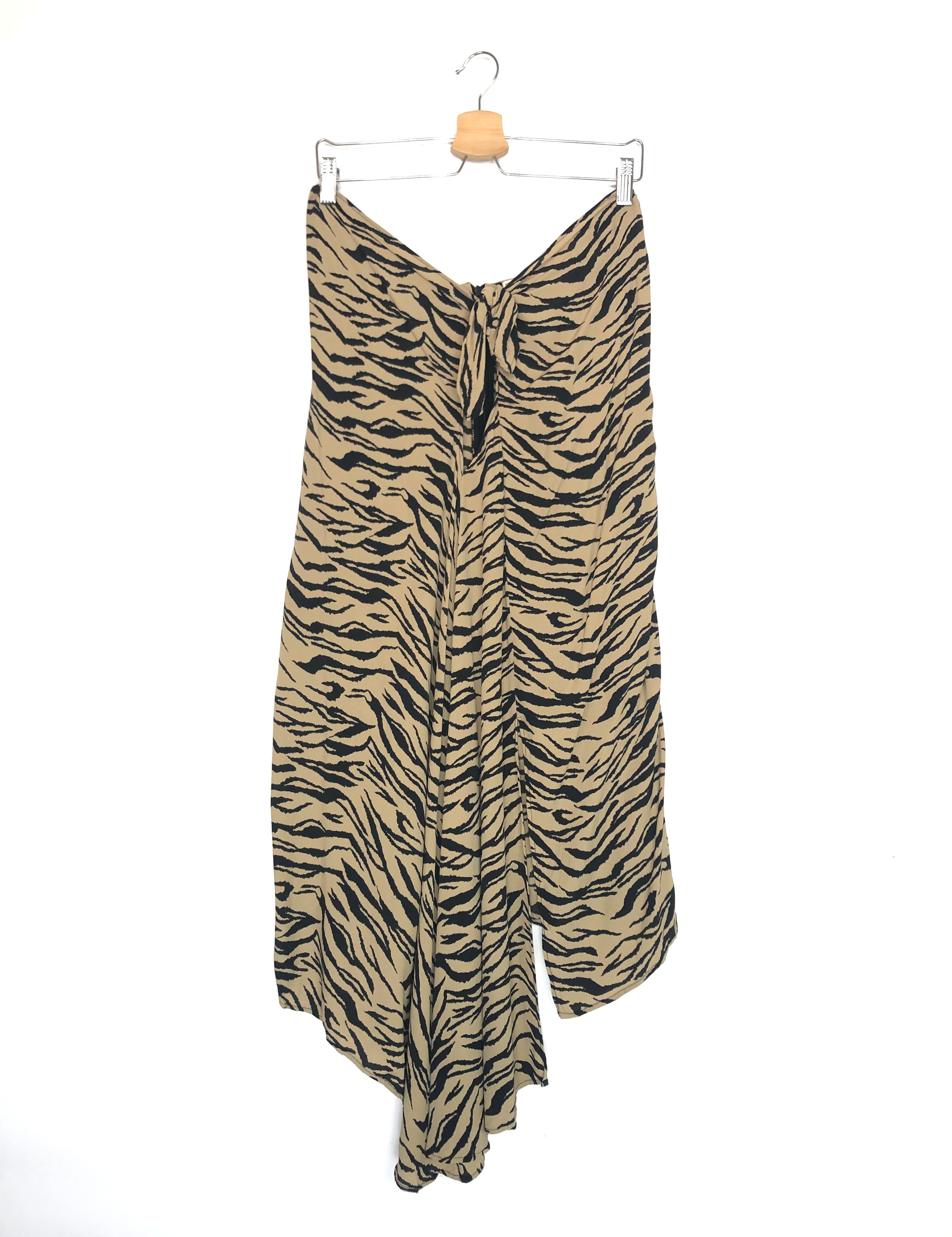 Tiger print midi skirt on a hanger against a white background