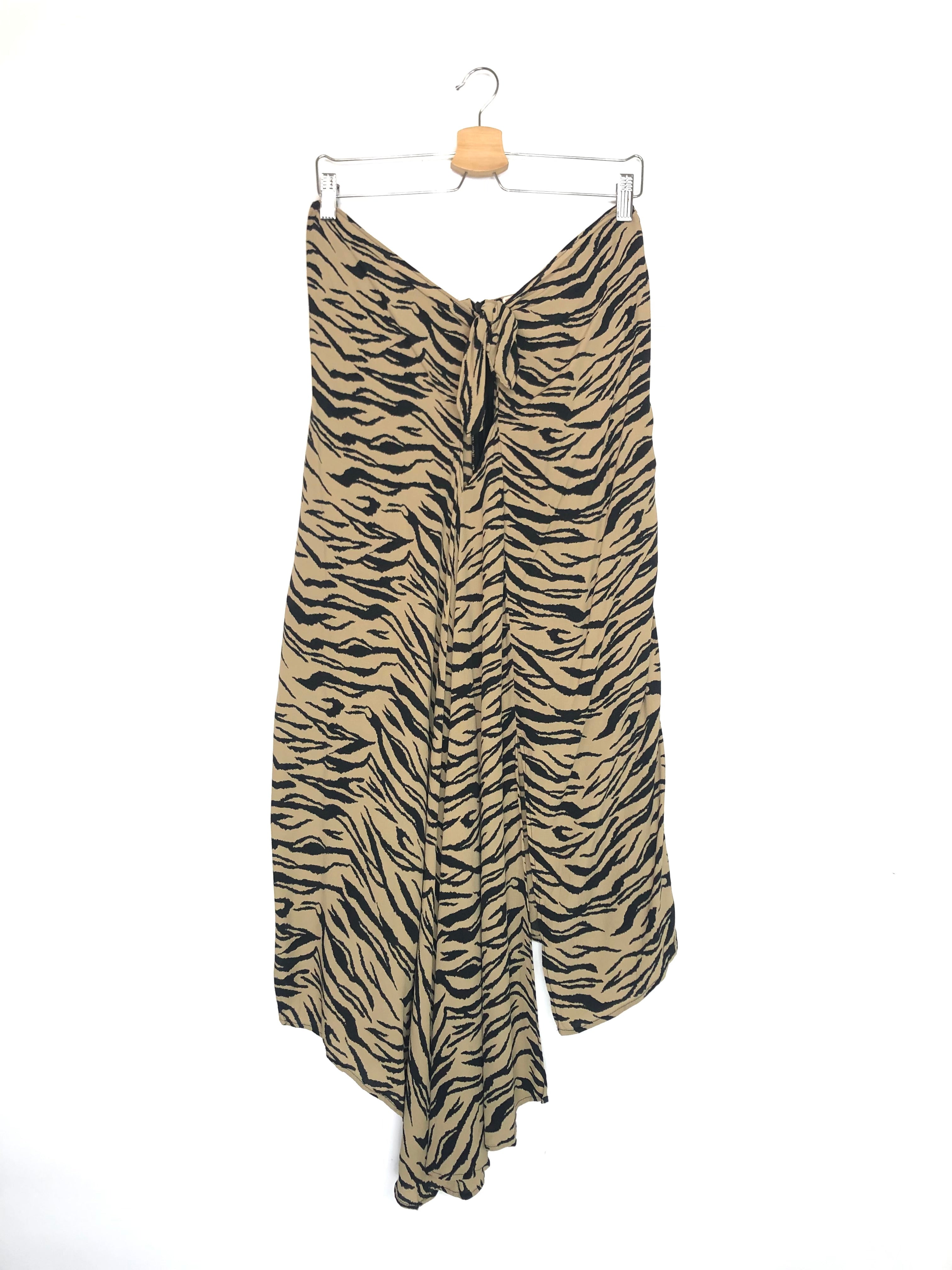 Tiger print midi skirt on a hanger against a white background