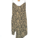 Tiger print midi skirt on a hanger against a white background