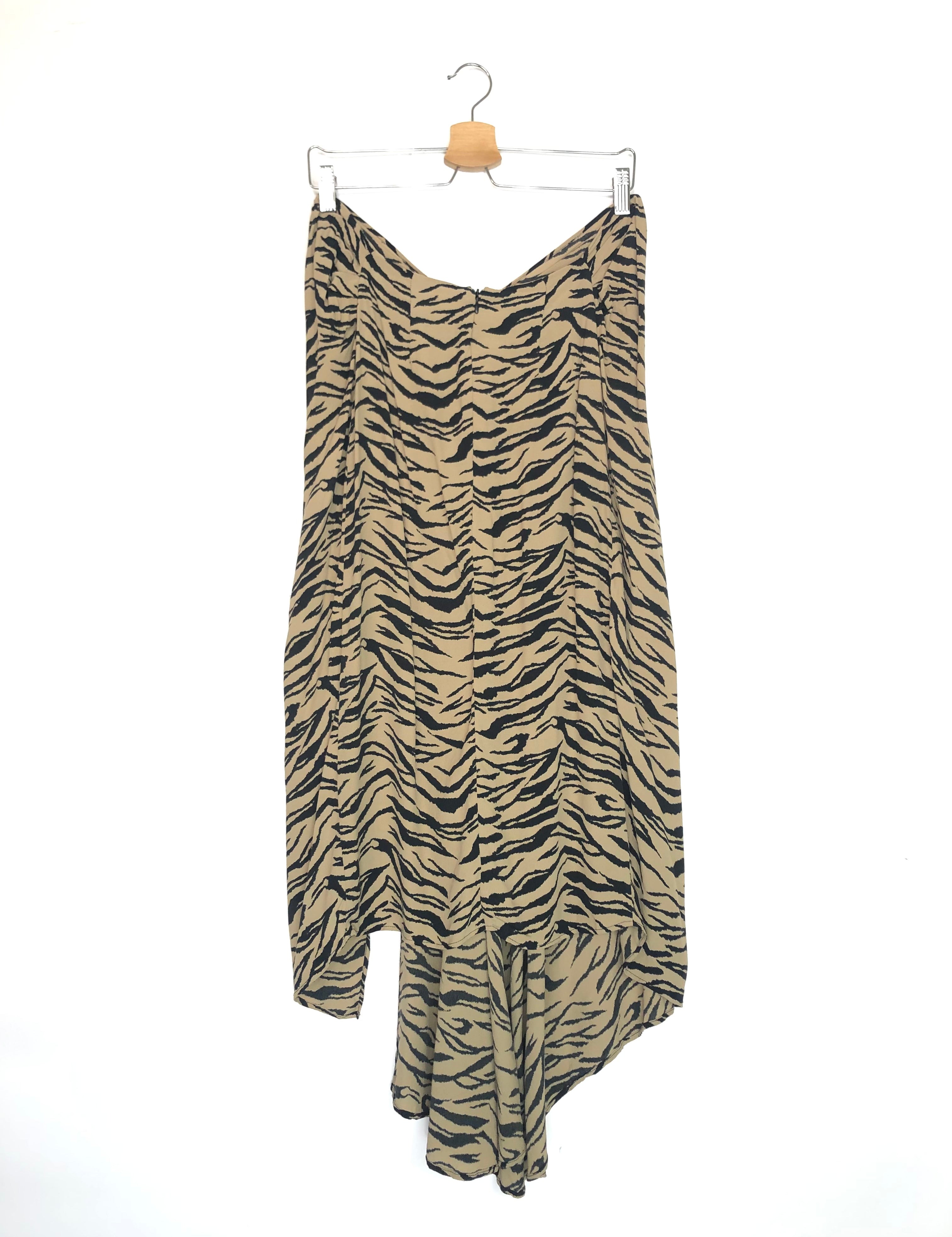 Tiger print midi skirt on a hanger against a white background