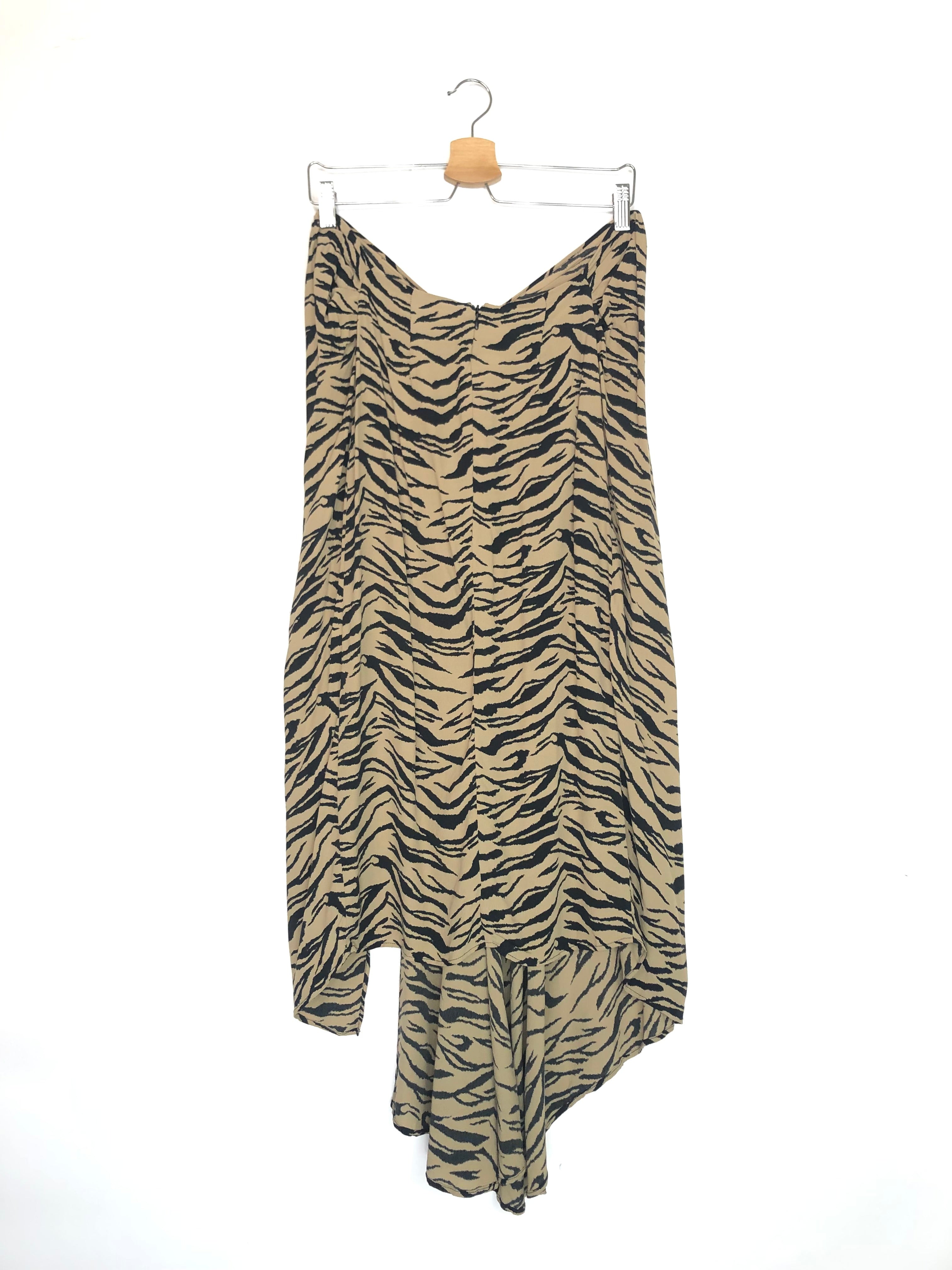 Tiger print midi skirt on a hanger against a white background