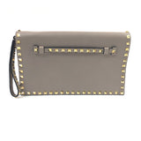 Beige Leather Rockstud Embellished Wristlet Clutch / VALENTINO