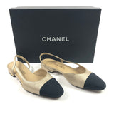 Beige Metallic Leather and Black Fabric Cap Toe Slingback Pumps / CHANEL - Size 36
