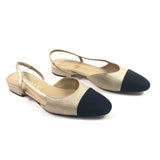 Beige Metallic Leather and Black Fabric Cap Toe Slingback Pumps / CHANEL - Size 36