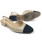 Beige Metallic Leather and Black Fabric Cap Toe Slingback Pumps / CHANEL - Size 36