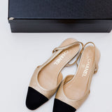 Beige Metallic Leather and Black Fabric Cap Toe Slingback Pumps / CHANEL - Size 36