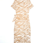 Beige and white zebra pattern dress on a hanger against a white background