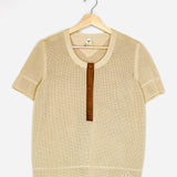 Beige Waffle-knit Top with Calfskin Leather Yokes / HERMES - Size 40