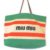 Beige/Apple Green Raffia And Cotton Tote Bag / MIU MIU