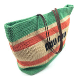 Beige/Apple Green Raffia And Cotton Tote Bag / MIU MIU