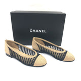 Black and Beige Raffia Cap Toe Flat Ballerinas / CHANEL - Size 37
