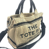 Black and Beige THE STRAW Woven Raffia Jacquard Medium Tote Bag / MARC JACOBS