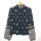 Black and Navy Floral Printed Silk-chiffon Blouse / ULLA JOHNSON - Size 4