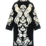 Black and White HELEN Floral Embroidered Wool-blend Fleece Coat / FARM RIO - Size S
