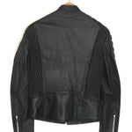 Black leather jacket on a hanger against a white background