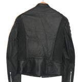 Black leather jacket on a hanger against a white background