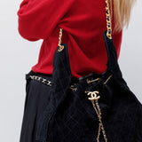 Black Chanel 25 Medium Suede Calfskin and Gold Metal Handbag / CHANEL