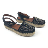 Black Embellished Suede and Leather Ankle Wrap Espadrille Sandals / VALENTINO - Size 38