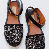 Black Embellished Suede and Leather Ankle Wrap Espadrille Sandals / VALENTINO - Size 38