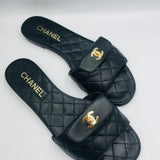 Black Gold CC Turnlock Quilted Slides / CHANEL - Size 38.5